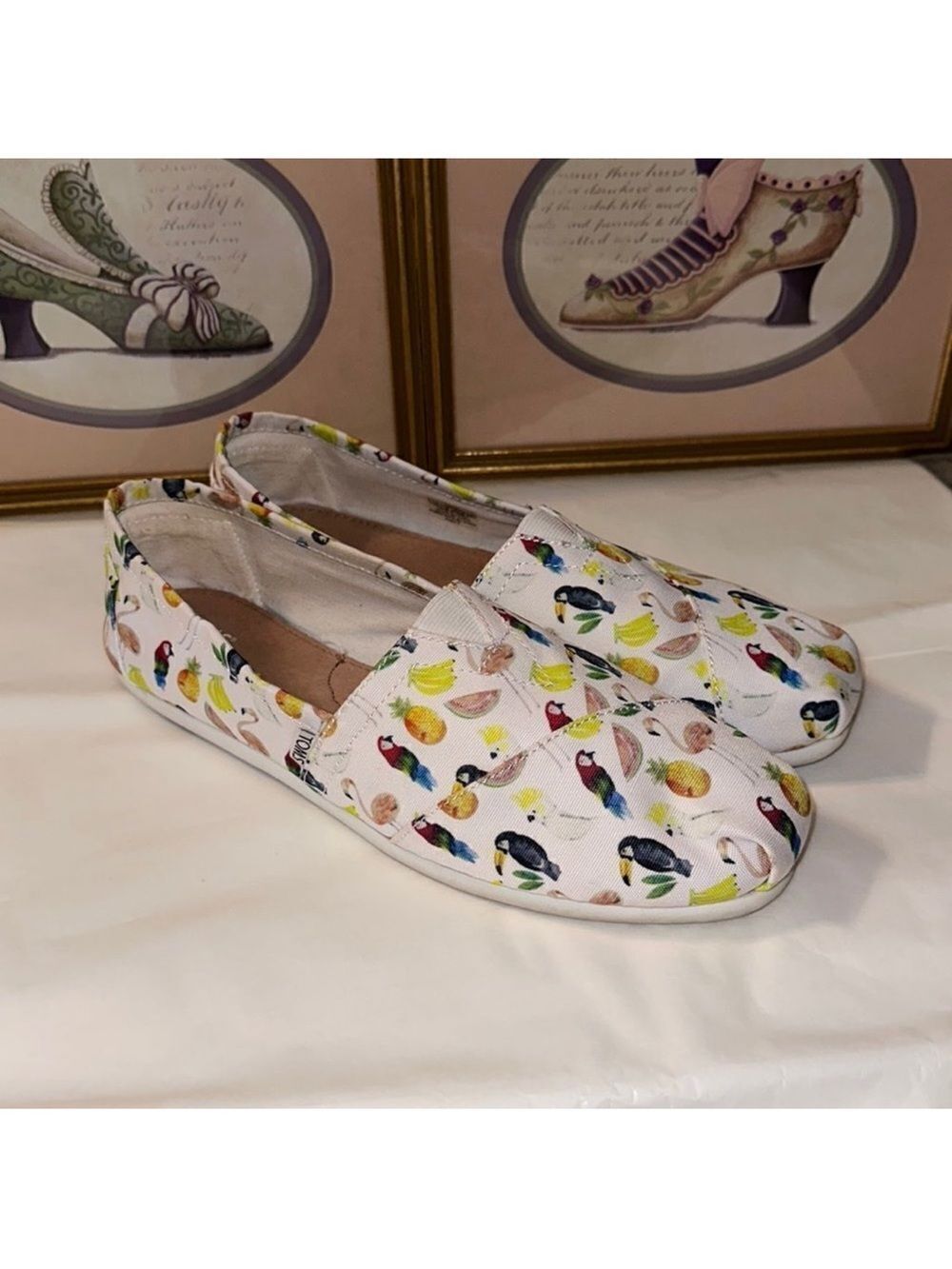 TOMS 11 White Multi Tropical Toucan Flamingo Fruit Canvas Slip On Flats